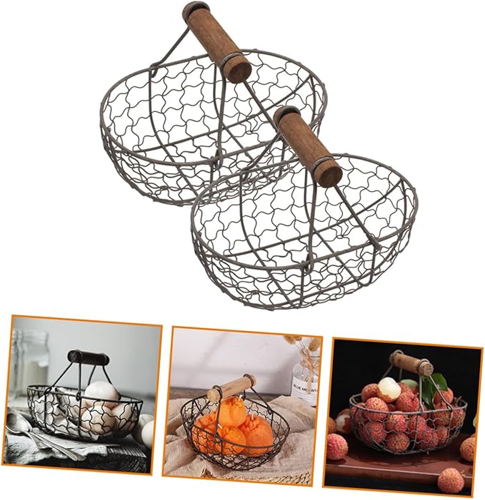 2pcs Farmhouse Style Wire Egg Basket with Wooden Handle, Small Metal Mesh Storage Basket for Kitchen Fruit, Bread, and Egg Organization in Gray Black