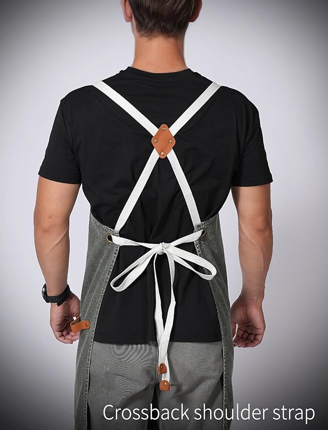 Denim Bbq Apron for Men Women with Pockets Adjustable Cross Back Chef Aprons for Kitchen Cooking Grilling Working