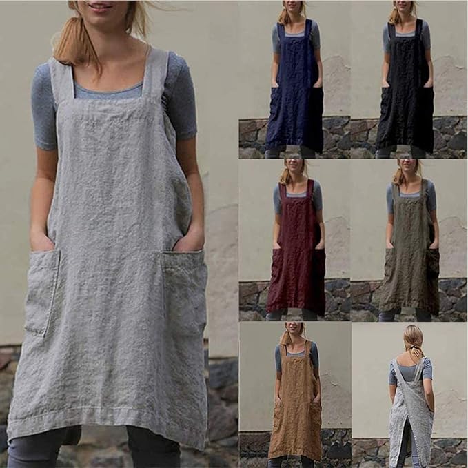 Cotton Linen Apron Cross Back Apron for Womens with Pockets Pinafore Dress for Baking Cooking