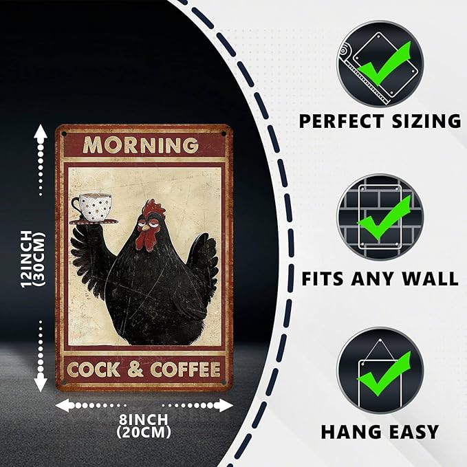 Funny Chicken Metal Signs Coffee Decor Morning Cock And Coffee Tin Signs Vintage Kitchen Metal Decor Rustic Wall Art For Home Farmhouse Coop Farm Poultry House Cafe Bar Office 12 * 8 In