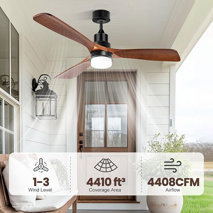 Solar Ceiling Fan 42" for Outside 3 Speeds, Outdoor Ceiling Fans with Light & Battery, Quiet Wood Walnut Fan with Adjustable Thermostat for Gazebo, Patios
