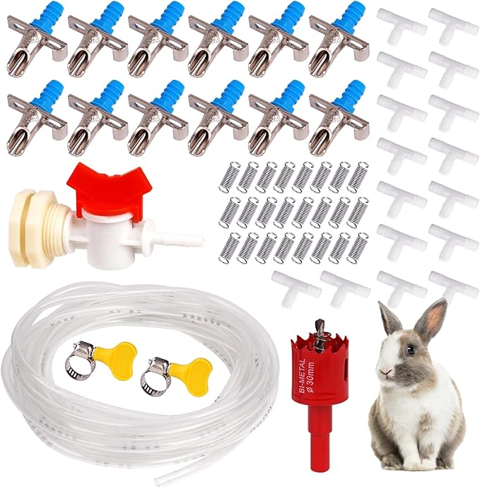 Rabbit Nipple Drinker Kit Automatic Rabbit Watering System Kit Include 12 Drinking Nipple, 23ft Hose, Hole Opener, Barb Valve Fitting to G1/2'' Connector (Blue, 12Pcs)