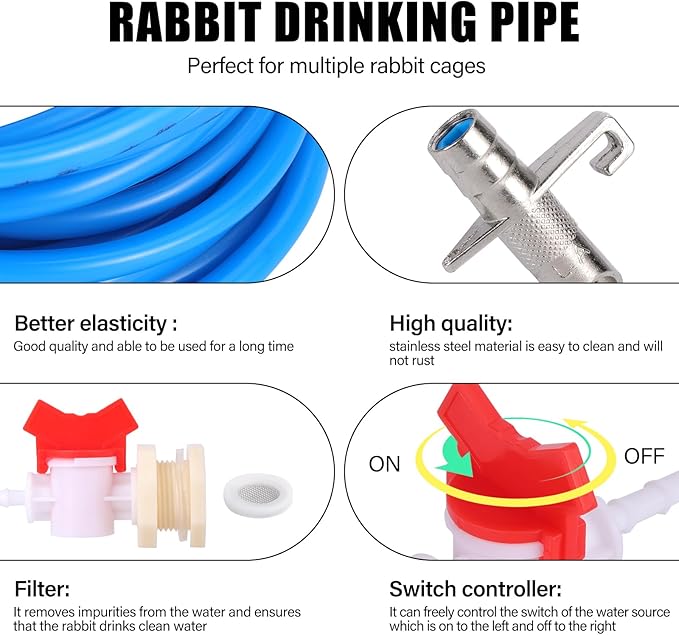 Automatic Rabbit Watering System 16PC Rabbit Waterer Kit Include 16 Nipple Drinker Feeders with 33ft Hose Barb Fittings to G1/2" Thread Connector Bunny Nipple Drinker Kit