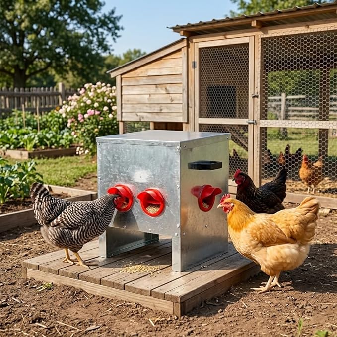 Automatic Chicken Feeder Rodent Proof, 4 Ports Galvanized Steel Poultry Feeder with Lid and Handles, Weatherproof No Waste Metal Chicken Feeder for Hens Ducks Backyard Coop