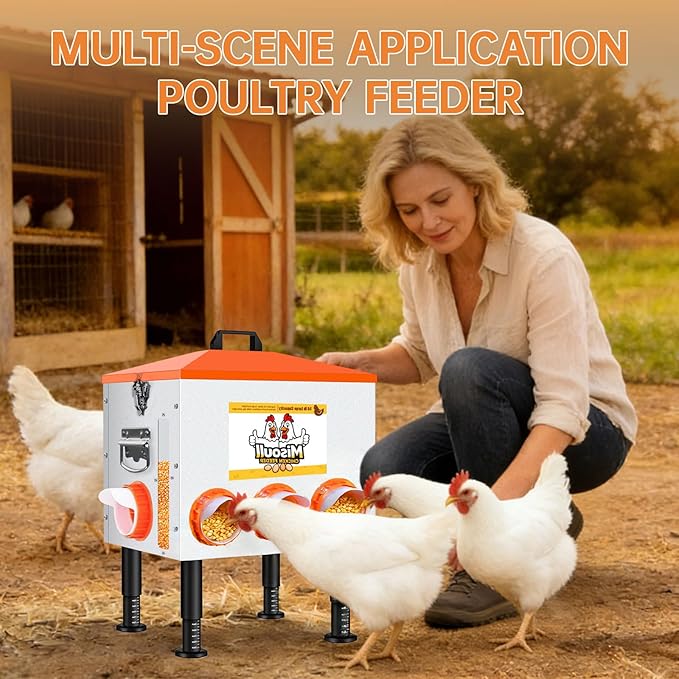 Upgraded Automatic Chicken Feeder, 50 LBS Large Rust-Proof Alloy Steel Chicken Feeders No Waste with 8 Feeding Ports, 2 View Windows, Poultry Feeding Equipment with Adjustable Legs