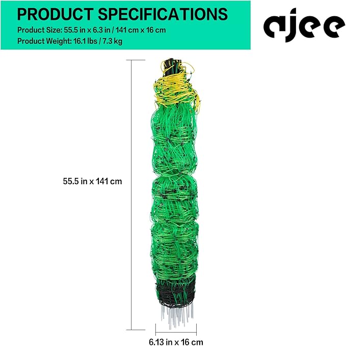 Electric Fence Netting, 49.6" H x 164' L, PE Net Fencing Kit with 14 Posts Double Spiked, Utility Portable Mesh for Sheep Goats Deer Hogs Dogs Lambs Used in Backyards Farms and Ranches, Green