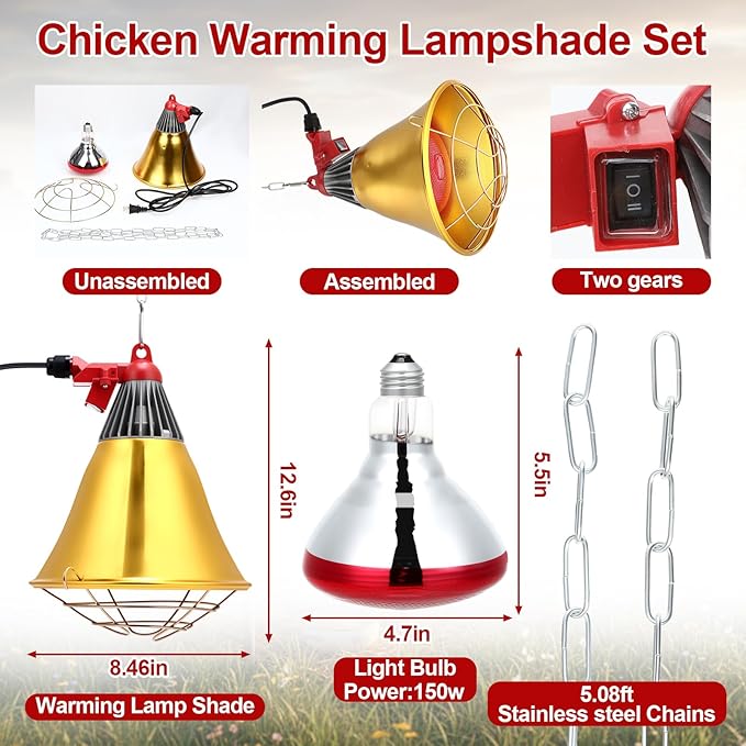 Retisee Chick Start Kit, All in One Brooder Kit Including 12" x 12" Heat Plate 150w Chicken Infrared Red Heat Lamp Feeder and Waterer Perch Flip Top Poultry Feeder for Newborn Livestock Duck Warm