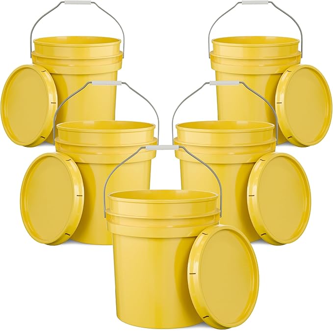EconoHome 5-Gallon Yellow Bucket Pail Container with Lid | Metal Handles with Plastic Grip for Easy Carrying | Easy Stack and Store | Heavy-Duty Extra Durable | Food Grade | BPA Free - 5 Pack