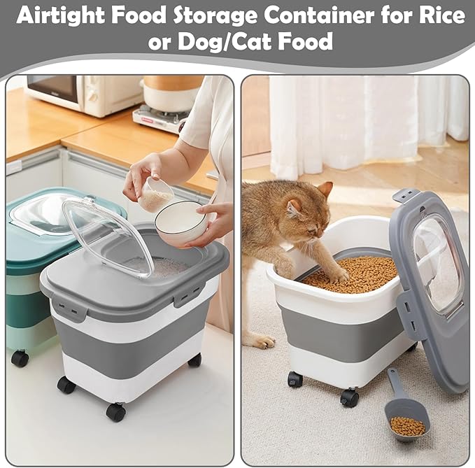 Dog Food Storage Container, 20Lbs Rice Storage Container Dispenser, Airtight Large Pet Cat Food Bin with Wheels, Scoop & Measuring Cup, Collapsible Kitchen Dry Food Holder for Four Sugar Cereal Kibble