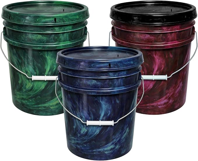 5-Gallon Bucket with Airtight Lid – Made in USA, Food Grade BPA Free Plastic, Heavy Duty Multi-Use, Metal Handle with Grip, Stackable Storage – Mystery Swirl, 3 Pack