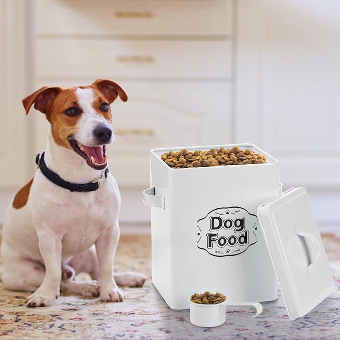 Youeon 5-7 Lbs(25 Cup) Metal Dog Food Storage Container with Lid and Scoop, Airtight Dog Treat Container, Farmhouse Pet Food Storage Container, Cute Dog Food Canister, Gift for Dogs and Owners, White