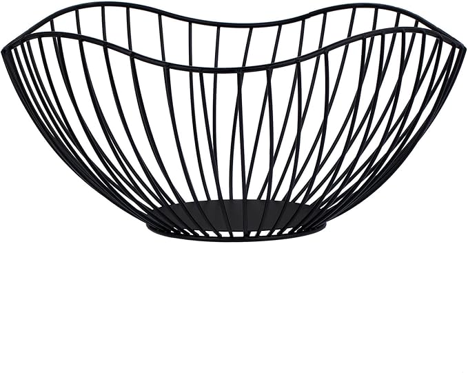 IBWell High Style Curved-Edge Modern Creative Stylish Single Tier Dish,Metal Iron Wire Fruit Vegetables Bread Decorative Stand Serving Bowls Basket Holder (Black)