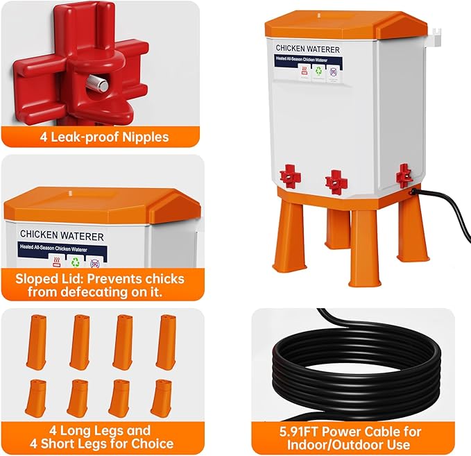 Heated Chicken Waterer, Thermostatically Controlled Poultry Water Heater for Winter, 4 Horizontal Nipples and 8 Support Legs, Anti-Freezing Watering System for Coop Accessories (Orange, 3.2Gallon)