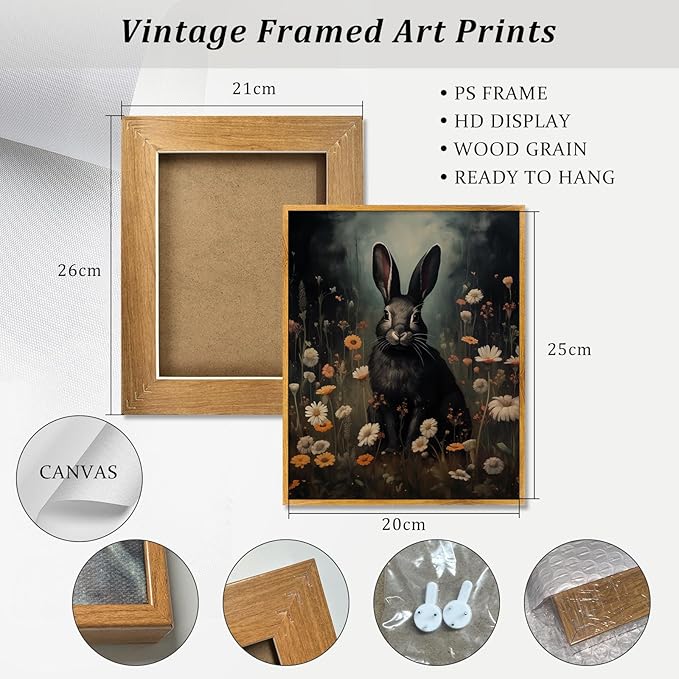 Dark Academia Prints Gothic Bunny Pictures Moody Animal Posters Victorian Rabbit Prints Vintage Rabbit Canvas Dark Animal Artwork Black Bunny and Wildflower Poster Moody Flower Picture 8x10in Framed