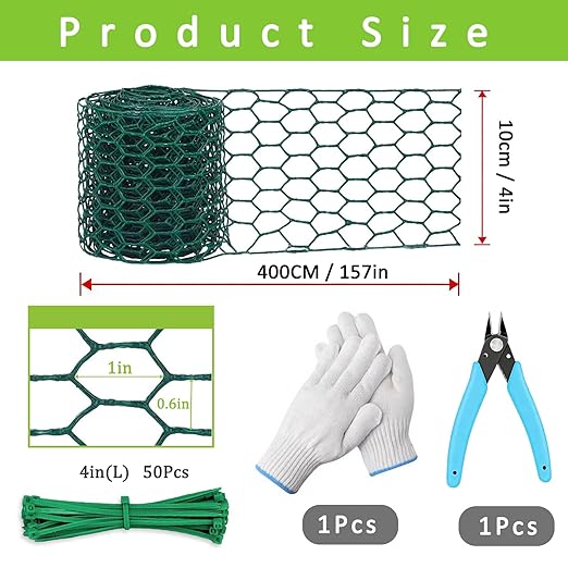 Floral Chicken Wire for Craft - Heavy Duty Galvanized Hexagonal Wire Netting for Garden, Floral Arrangements, Crafts, 4 inch(H) x 158 ft(L), with Gloves, Cable tie, Plier