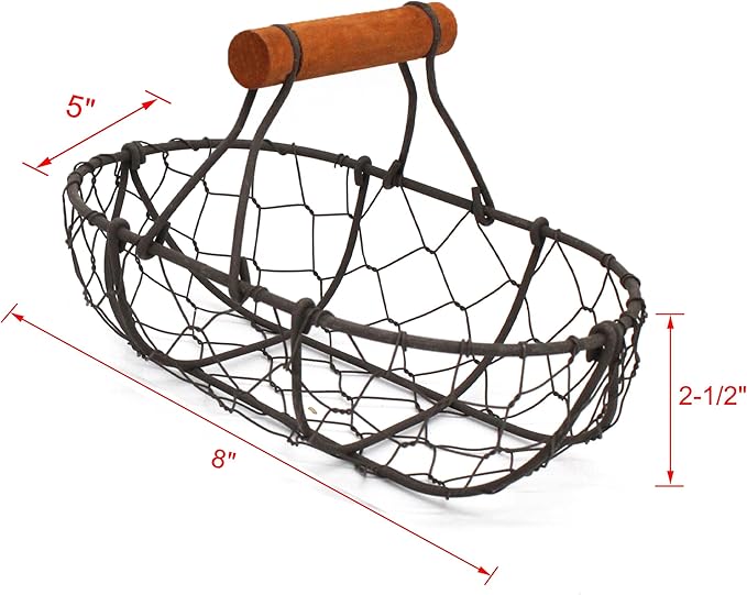 CVHOMEDECO. Chicken Wire Egg Baskets Rust Gathering Baskets with Wooden Handle Country Vintage Style Storage Baskets. Set of 2 (Oval)