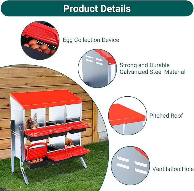 GarveeHome 2-Tier Chicken Nesting Box, 6 Compartment Metal Chicken Laying Boxes with Waterproof Roof ＆ Removable Trays for Hens, Poultry，Easy Egg Collection