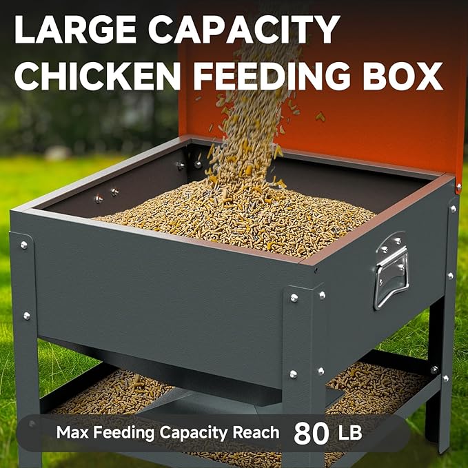 Metal Chicken Feeding Box, 80 lbs Large Capacity Portable, Waterproof Lid, Hens and Roosters, No Waste Coop Poultry, Galvanized Steel Feeder Standing for Chickens (Orange)