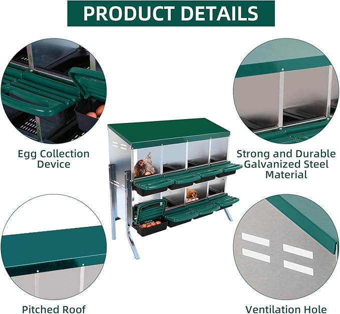 Chicken Nesting Boxes with Cleanable Pull-Out Trays - 8 Hole Metal Rollaway Nest Box for Laying Hens, Wall Mount or Placed Design for Easy Egg Collection & Cleaning