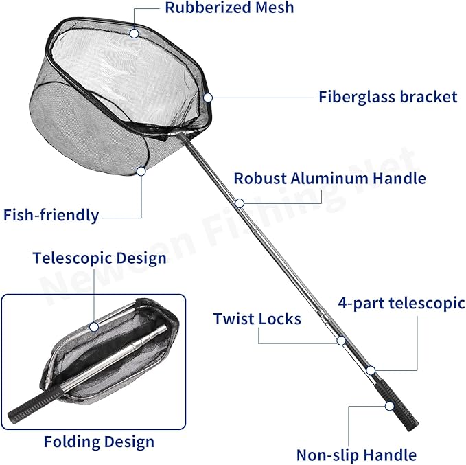 Neween Fishing Net, Foldable Collapsible Telescopic Fish Landing Net, Durable Nylon Material Mesh Landing Net for Easy Catching or Releasing for Trout