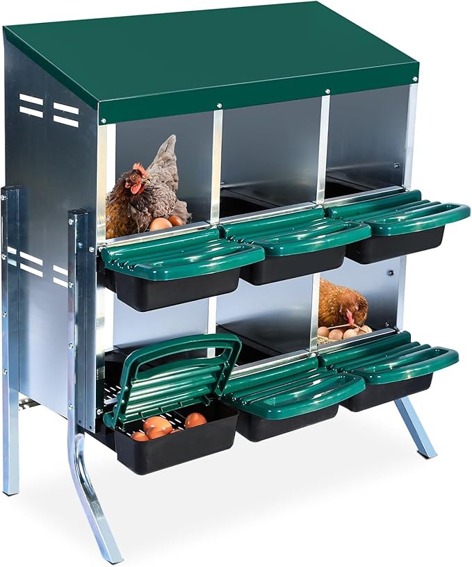 GarveeHome 2-Tier Chicken Nesting Box, 6 Compartment Metal Chicken Laying Boxes with Waterproof Roof ＆ Removable Trays for Hens, Poultry，Easy Egg Collection