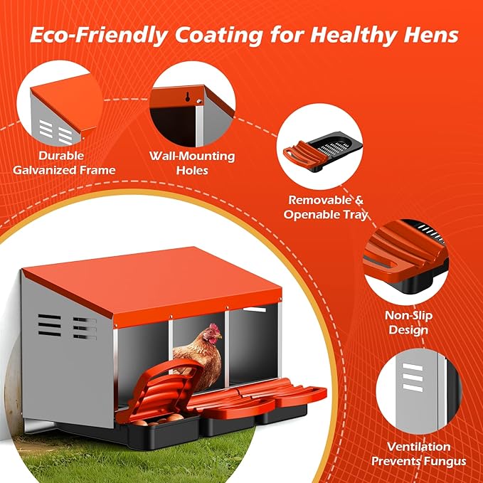 Chicken Nesting Boxes, Roll Away Laying Nest Box for Hens, Galvanized Steel with Removable Egg Drawer, Protects Eggs, Easy Egg Collection, for Chicken Coop, 3 Compartments