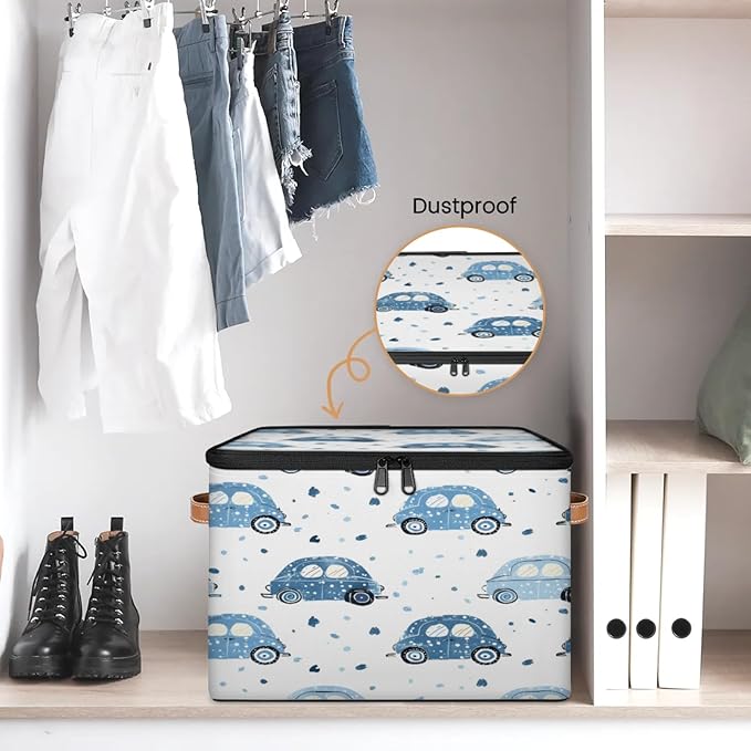 Storage Cubes with Lid Fabric Storage Bins Boxes PU Leather Handles, Cute Cars Closet Organizer Container Foldable Washable Shelf Cloth Basket, Cartoon Car
