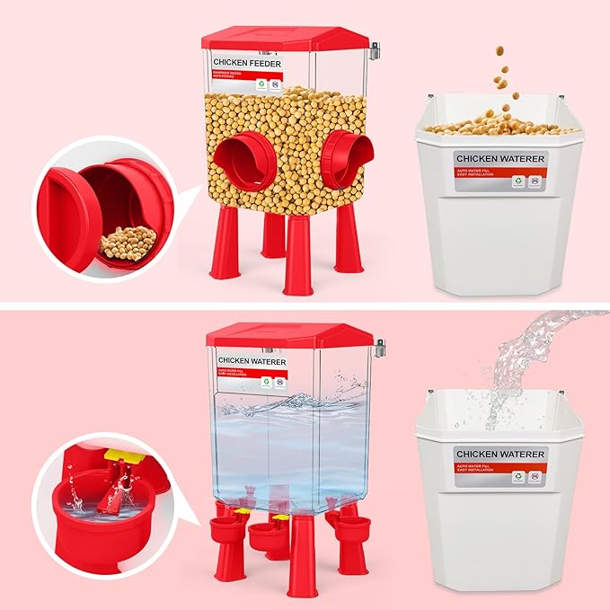 Chicken Feeder and Waterer Set, Chicken Coop Accessories with Hanging Chicken Feeder and Hanging Chicken Waterer Kit No Waste, 2 Gallon/18 Pounds, Red