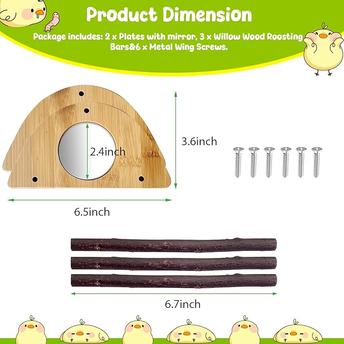 Mini Chick Perch with Mirror, Natural Willow Wood Roosting Bar for Coop&Brooder, Anti-Slip Training Perch for Baby Chicks, El Pollitos, La Pollita, Easy to Assemble&Clean, Fun Toys for Chick
