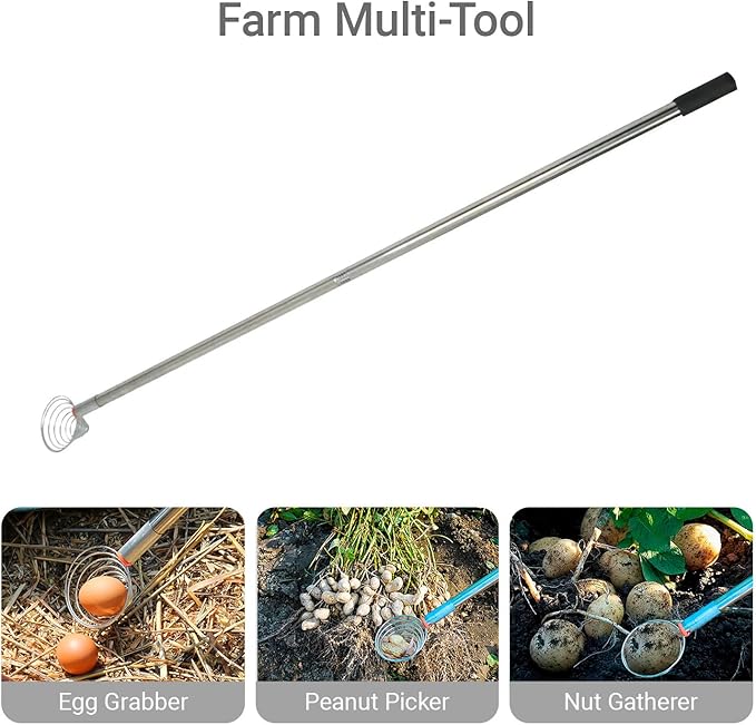 Peanut Picker, Egg Grabber & Nut Gatherer - 42in Adjustable Telescopic Stainless Steel Tool for Chicken Eggs, Potato and Fruit Harvesting (Lightweight, Flexible Basket, Multifunctional Farm Use)