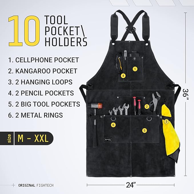 FIGHTECH Shop Apron - Heavy Duty Wood Working Apron for Men with Tool Pockets for Woodworkers Blacksmiths Carpenters M-XXL