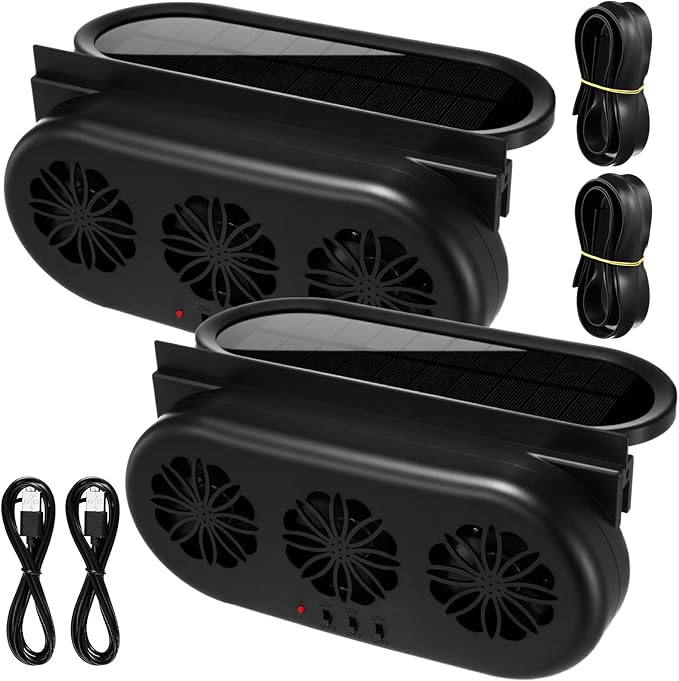 2 Pack Solar Powered Car Exhaust Fan 3 Fans Car Window Air Vent Radiator Solar Energy Cooling Vent Exhaust for General Types(Solar & USB Cable 3 Fans,Black)