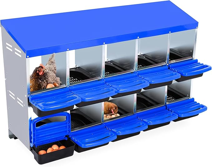 10-Hole Chicken Nesting Box, Roll Away Nest with Removable Tray, Rustproof Galvanized Steel, Easy Egg Collection & Cleaning, Wall-Mount Design - Blue