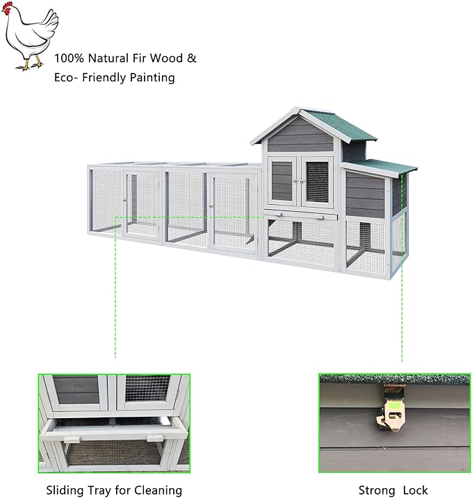 KEIKI 122＂Large Wooden Chicken Coop with Run and Nesting Box, Outdoor Hen House, Wooden Poultry Cage Wire Fence Poultry Cage