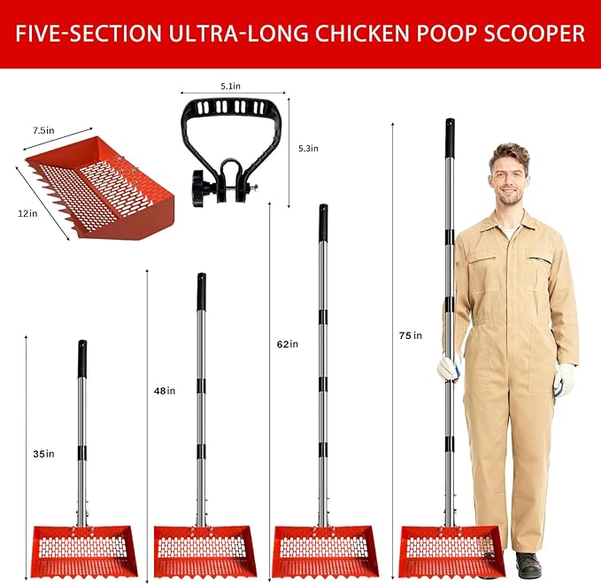 Chicken Coop Scoop (22 to 75") Chicken Coop Rake and Scoop with Grip 5 Section Extra Long Handle Chicken Pooper Scooper for Sand Metal Chicken Cleaning Tools Livestock Rake (Orange)