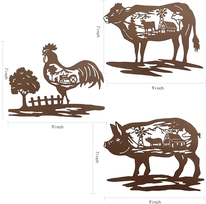 J-Fly Farm Wall Decor Farmhouse Metal Wall Art Pig Cow Rooster, 9 Inch set of 3, House Decorations for Living Room Bedroom Valentine, Rustic Farm Animal Windmill Décor for Indoor Outdoor Lodge
