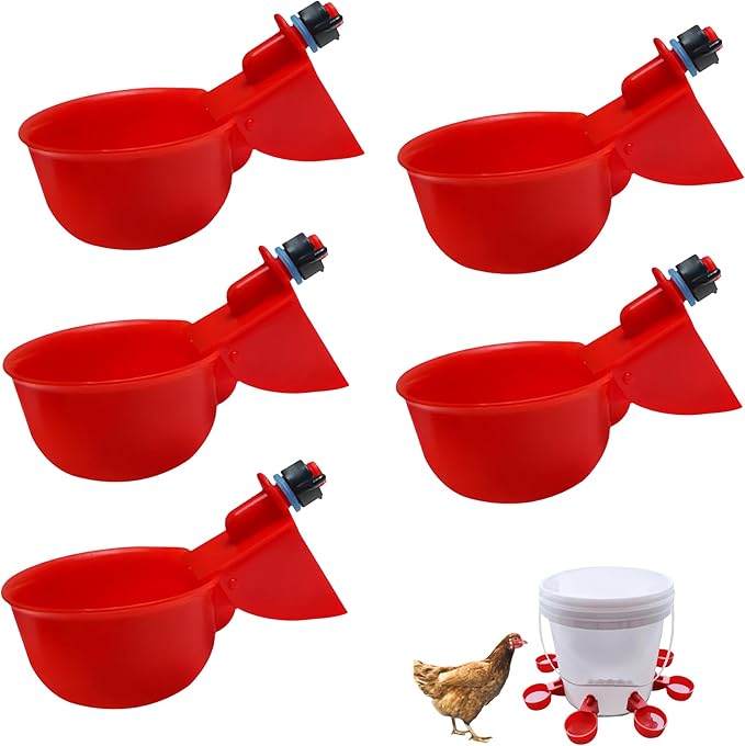 Chicken Waterer Feeder Cups 5 Packs,Duck Chick Waterer Chicken Feeder Cups,Automatic Water Feeder with Anti-Leak System for Chicken,Duck,Goose,Bunny(Red)