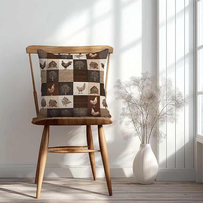 Farmhouse Chicken Patchwork Print Throw Pillow Covers 18x18 Inch, Set of 2 | Rustic Country Square Cushion Cases for Couch Sofa Bedroom | Neutral Brown Home Decor, Decorative Pillowcases