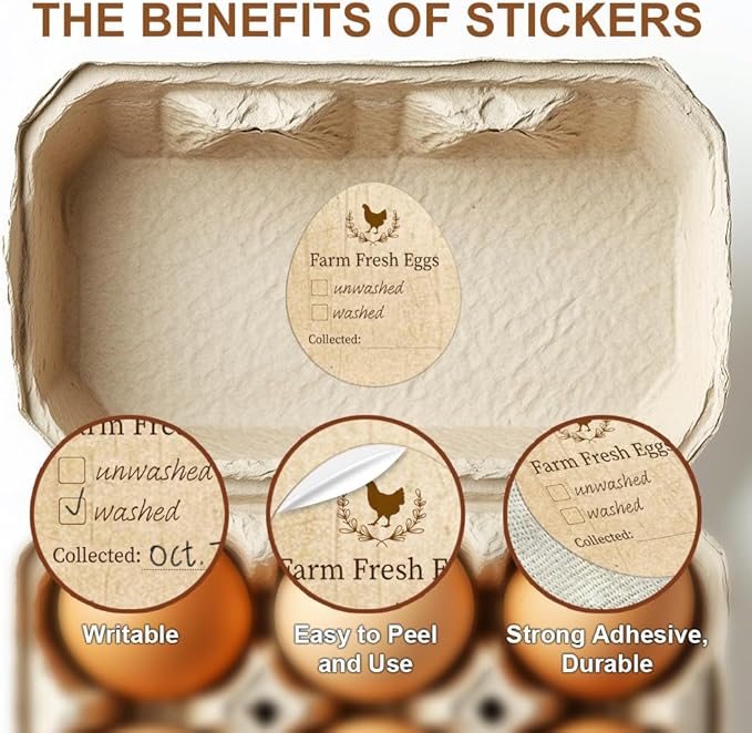 320 Pcs Egg Carton Labels, Washed or Unwashed Egg Sticker Collected Date Writable Irregular PET Adhesive Egg Packaging Sticker for Box Container Carton Farm Supplies, 2x1.7 Inch