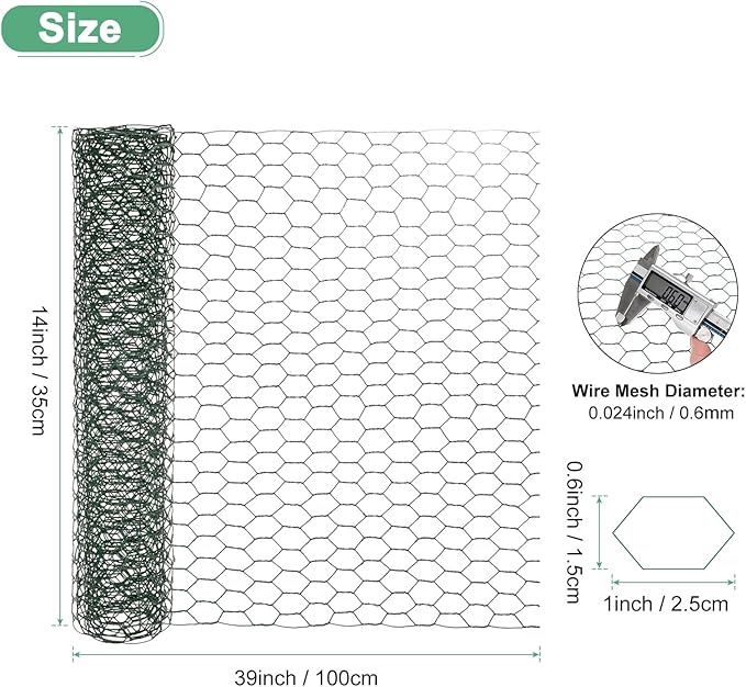 Chicken Wire for Floral Arrangements, 14 x 39 in Galvanized Iron Hexagonal PVC Coated for Crafts/Poultry/Garden, Chicken Wire Netting Fence Mesh [Green]