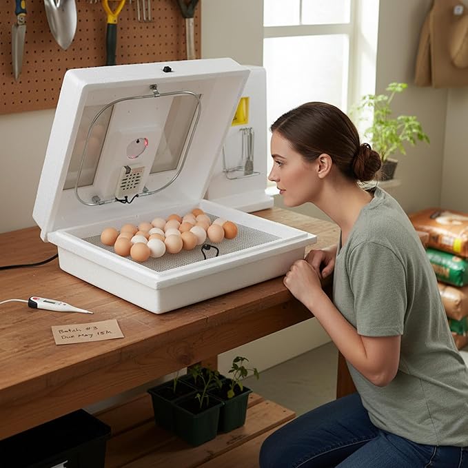 Farm Innovators 2100 Heated Still Air Incubator for 4 Dozen Eggs with Built in Hygrometer, Solid State Circuitry, and 2 Large Viewing Windows, White