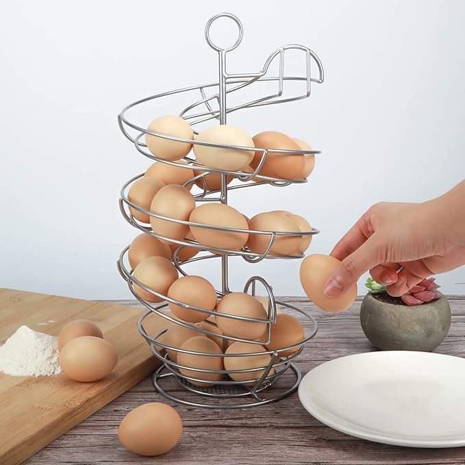 QUTREY Silver Metal Egg Holder Countertop, Spiral Design Egg Skelter Dispenser Rack with Egg Storage Basket for Kitchen
