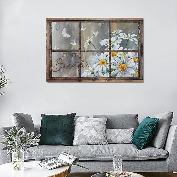 banonaty Daisy Wall Decor Rustic Flower Art Farmhouse Window Daisies Pictures Bathroom Country Butterfly Canvas Prints Just Breath Artwork Home Office Decoration For Kitchen Living Room 24''x16''