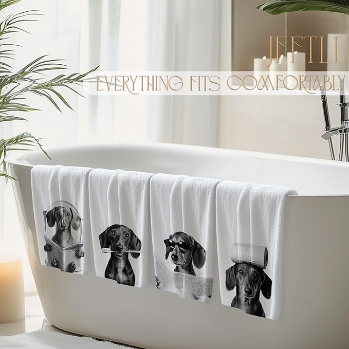 Funny Dachshund Bathroom Hand Towels, Dachshund Gifts for Women, Black and White Cute Weiner Dog Hand Towels for Bathroom Washroom Restroom Decor, 16x24 Inch, Set of 4