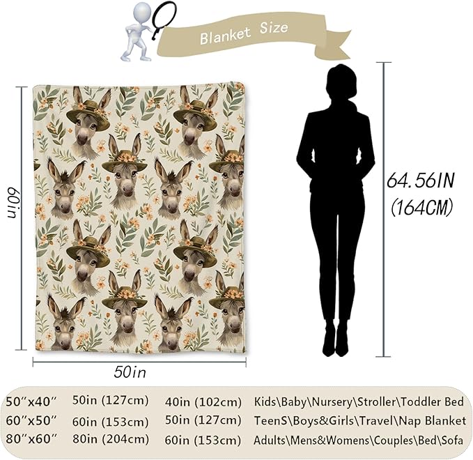 Charming Donkey in Hat & Floral Blanket, Soft Warm Flannel Throw for Couch, Bed, Travel, Living Room & Home Decor, Cozy Lightweight Fuzzy Blankets for Adults Kids Women Boys Girls 60×50 in