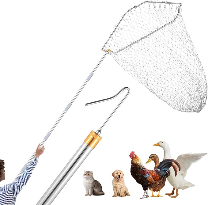 Chicken Catching Net ,30 to 75 inches Adjustable Pole Chicken Catcher Leg Hook , Suitable for Catching Small Duck,Goose,Bird,Fish, Skunk Bat and Raccoon etc（15.3 x 23.2 Inch Net with 75.5 Inch Pole）