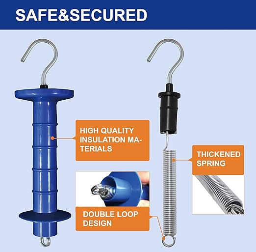 5 Pack Electric Fence Insulated Plastic gate Handle with Internal Spring and Double Ring end, Blue，for Electric Fence Gate Livestock Fence Agricultural Fencing and Pasture