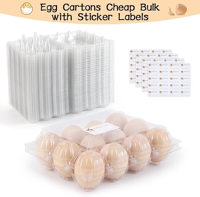 60 Packs Egg Cartons, Egg Cartons Cheap Bulk, Eggs 12 Count Clear Plastic Egg Containers for Chicken Farm, Reusable Egg Tray Holder for Family Refrigerator Storage, Market, Camping with Sticker Labels