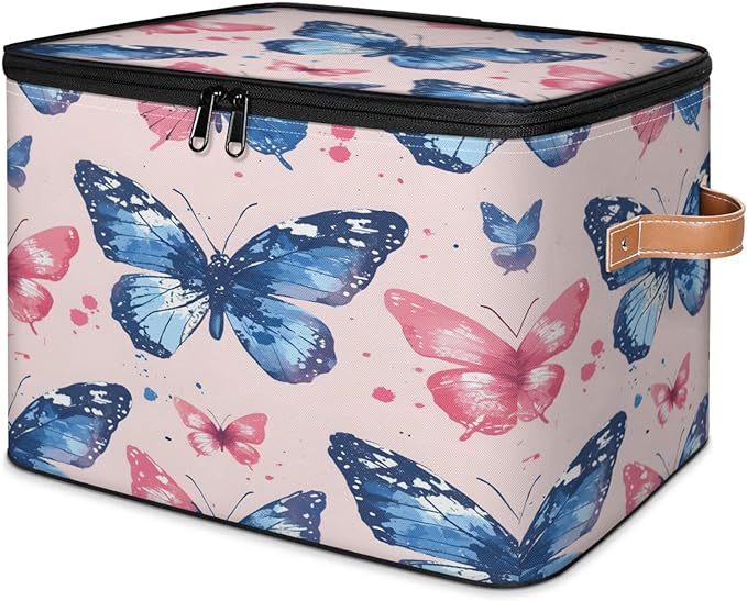 Storage Cubes with Lid Fabric Storage Bins Boxes PU Leather Handles, Colorful Butterfly Closet Organizer Container Foldable Washable Shelf Cloth Basket, Cute Butterfly