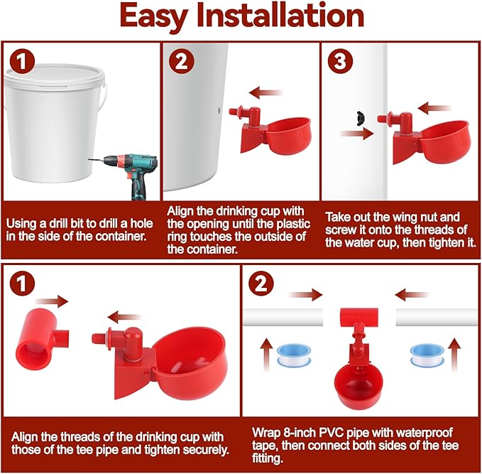 Kalolary Automatic Chicken Waterer Cups, 12 Packs Tee Fittings Poultry Drinking Cups for Chick, Bunny, Goose,Duck,Turkey,Professional Poultry Water Container Come with Hole Open Drill Bit (Red)